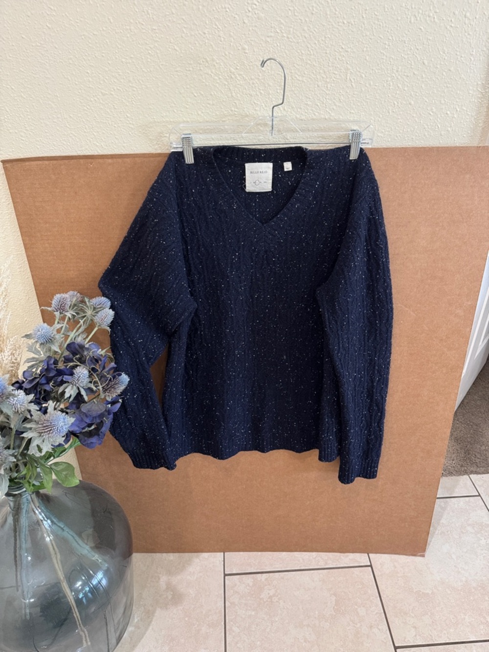 Billy Reid Blue Speckled 100% Wool V Neck Long Sleeve Pullover Sweater Sz L